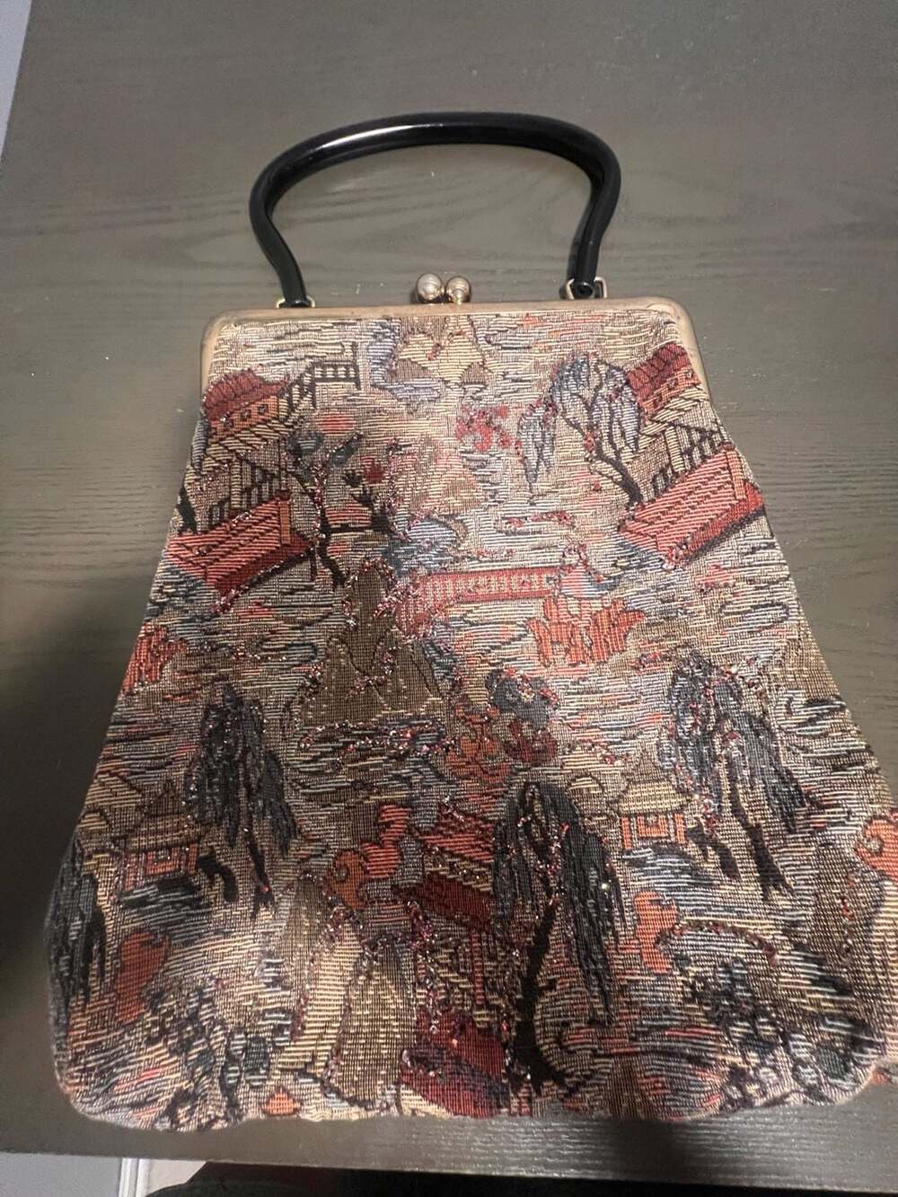 Vintage 1950s-1960s Asian Chinoiserie Tapestry Handbag with Gold Frame